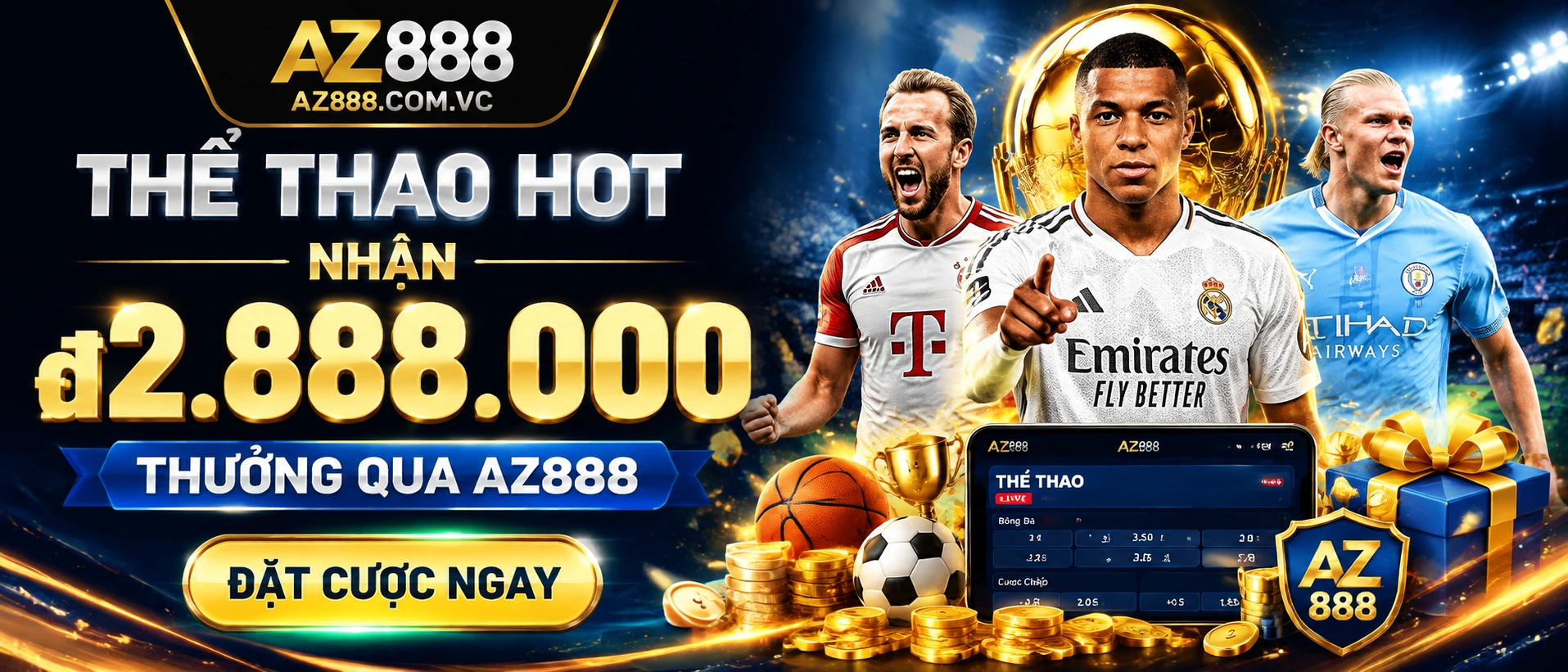 Không gian Thể Thao AZ888 với giao diện bóng đá, bóng rổ và esports